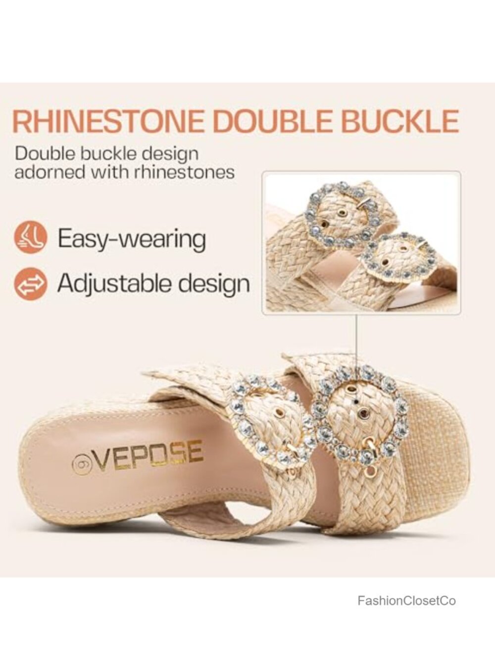 Woven Raffia Platform Wedge Sandals Espadrille Heels Square Open Toe Rhinestone - Picture 4 of 6